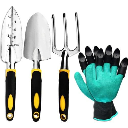 Garden Tool Set 4 Pack With Trowel, Cultivator Hand Rake, Transplant Trowel, Gardening Gloves For Weeding, Loosening Soil