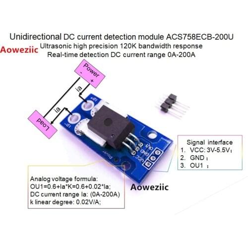 Unidirectional DC Current Sensor module ACS758ECB-200U 120 kHz Bandwidth DC: 0-200A 0.02V/1A