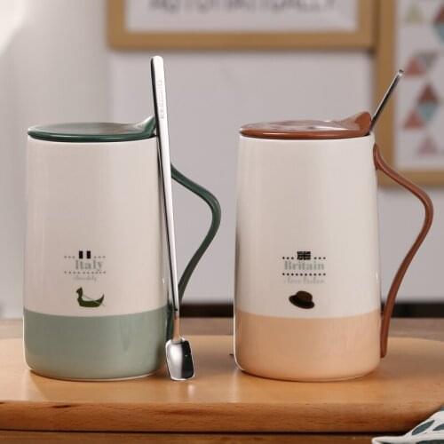 Office Creative Minimalist Mug Ceramic with Couple Mug with Lid Spoon Large Coffee Cup Tea Tazas De Ceramica Drinkwear DD60MG