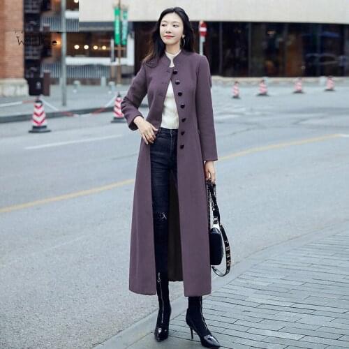 Autumn Winter New Purple Slim Belted Long Woolen Coat Women Stand-up Collar Single Breasted Ankle Length Cashmere Coat Y794