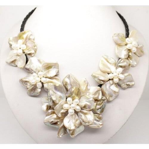 Classic baroque freshwater cultured pearl shell flower leather weave necklace Bridal Wedding word jewelryCZ Luxury Ms. girl