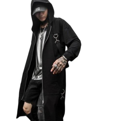 Nightclub DJ singer punk rock hooded trench coat ribbons long jacket stage costume men vintage zipper cloak gothic style cape
