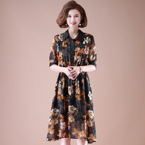 Mother Summer Lapel Dress Middle-Aged Womens Short-Sleeved Chiffon Dresses Elderly Loose Belly Floral Vestidos Large Size 3XL