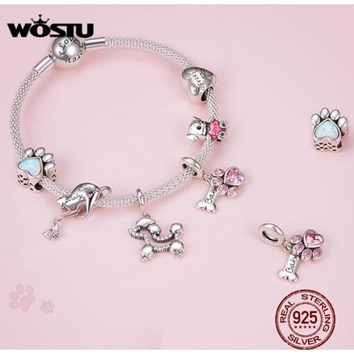 WOSTU 925 Sterling Silver Animal Bead Paw Dog Cat Footprint Zircon Charm Fit Bracelet Necklace Pendant Original Design Jewelry