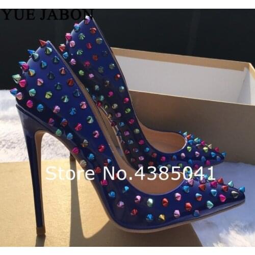 Colorful Rivets Women Sexy Pointed Toe Pumps Extreme High Ultra Thin Heels Shoes Blue Ladies Patent Leather Luxury Party Shoes