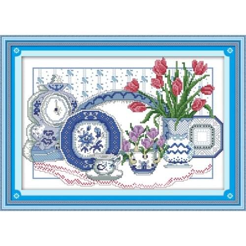Everlasting Love Flowers In Celadon Vase Chinese Cross Stitch Kits Ecological Cotton Fabric DIY Christmas Decorations For Home