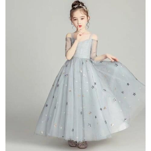 2021 Spring Elegant Children Girls Piano Host Costume Prom Fluffy Long Dress 3~12years Kids Infant Birthday Evening Party Dress