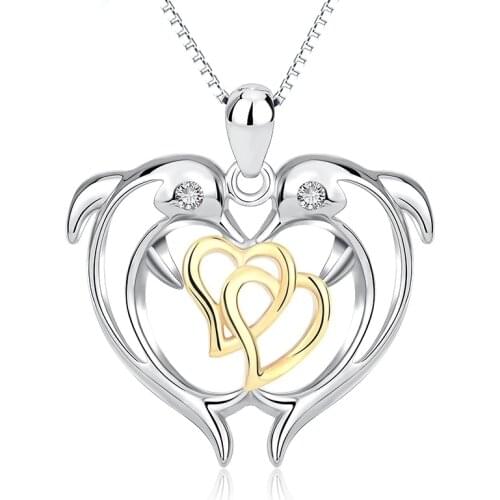 Exquisite Cute Silver Color Heart Shape Double Dolphin Necklace Pendant Valentines Day Lover Gift for Women Jewelry