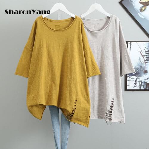 Ladies Summer T-shirt Casual Loose Short Sleeves Sweat-absorbent Plus Size Ripped Tops O-neck Tshirts Slub Cotton Base Tee