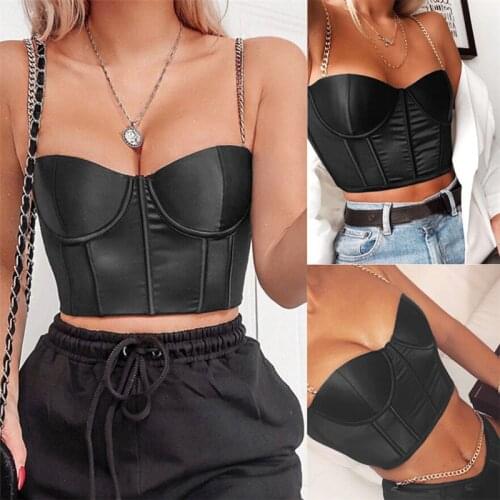 Womens Sexy Strapless Solid Color Chain Sling Ladies Sleeveless Vest Crop Tops Low-cut Slim Tank Tops Summer Clubwear