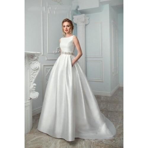 2020 Simple Elegant Satin Wedding Dress A Line Bridal Gown With Pocket Crystal Sash Women Robe Vestido De Novia Mariage
