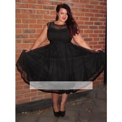 2019 New Black Tea Length Plus Size Prom Dresses Sheer Neckline Cap Sleeve A Line Formal Evening Party Special Occasion Gowns Ch