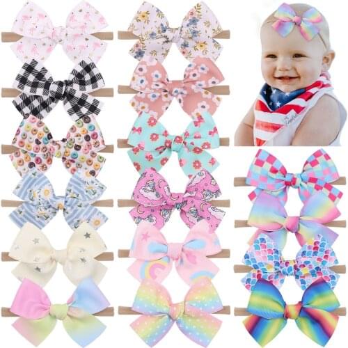 60pcs New Ribbon Bows Nylon Baby Headband,Floral Rainbow Print Hair Bow Nylon Headband or Hair Clips for Girls Hair Accessories