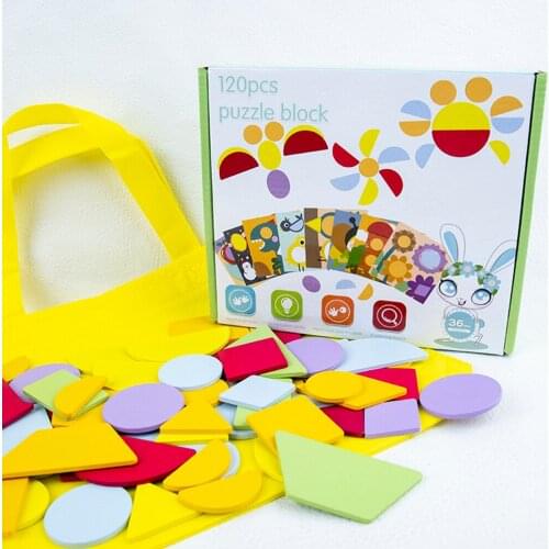 Wooden Pattern Puzzles Set Geometry Shapes of Different Colors Educational Toys Matching Puzzle 120 Pcs with 12 Cards for Kids