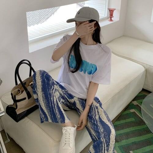 2021 Summer Womens Fashion Simple Basic Fuzzy Letter Print Short Sleeve T-Shirt Female Trend Aesthetic Oversized Ladies Top