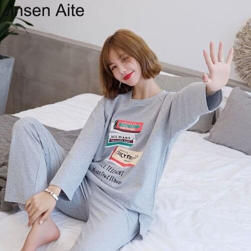 Jinsen Aite Cotton 2019 Autumn Winter Long Sleeve Women Pajama Set Loose Casual Letter Print 2 Pieces Nightwear Pijamas JS840