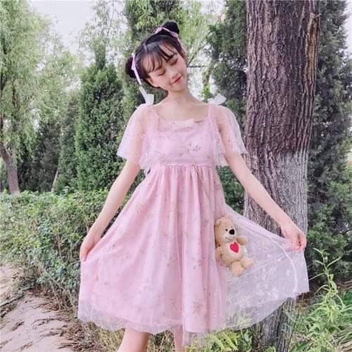 Japanese Style Sweet Girl Fairy Mesh Dress Womens 2021 Summer New Embroidered Suspender Dress lolita dress fairy kei loli