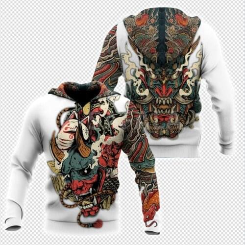 Fashionable Mask White Tattoo Samurai Sweatshirt 3D print Unisex casual Zip Hoodie casual Street hip hop Hoodie