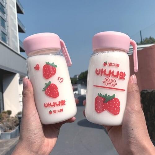 360ml Cartoon Cute INS Big Belly Cup Sweetheart Strawberry Chubby Kawaii Glass Couple Student Drinking Water Cups With Lid
