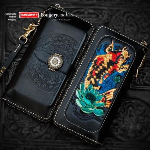 New Handmade mens wallet long zipper bag genuine leather carved wallet card holder purse mobile phone clutch bag retro wallets