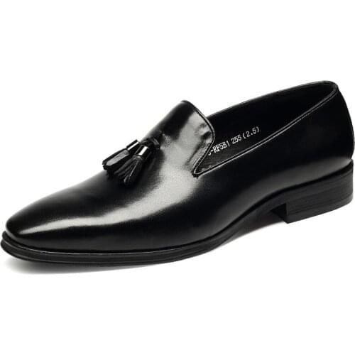 Autumn New Fashion Mens Genuine Leather Cow Pointed Toe Slip On Hot Sale Formal Shoes Dress Shoes Male Tassel Low Heel Plus Size