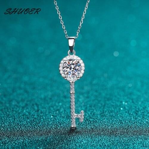 Real 925 Sterling Silver Brilliant Cut 1 Carat 6.5mm Pass Diamond Tester Key Shaped Pendant Necklace Clavicle Chain Wedding Gift