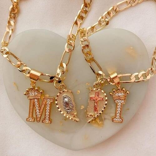 GOLD PLATED TRI-COLOR VIRGIN MARY & CHRIST "TE AMO" HEART SPLIT PENDANT & CURSIVE INITIAL LETTER TWO NECKLACE SET 24