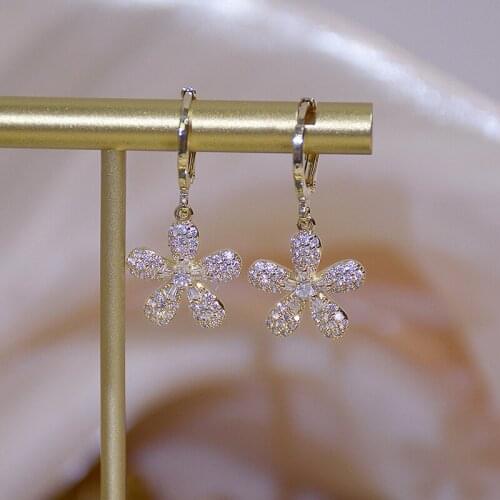 Luxury Shine 14K Real Gold Flower Earring For Women AAA Zircon Simple Cute Starfish Drop Earring Wedding Birthday Jewelry Gift