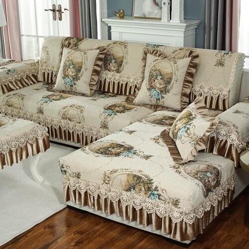 European Luxury Chenille Sofa Cover Brown Non-slip Sofa Towel Cushion Pillow Case Exquisite Jacquard Lace Combination Sofa Set 2
