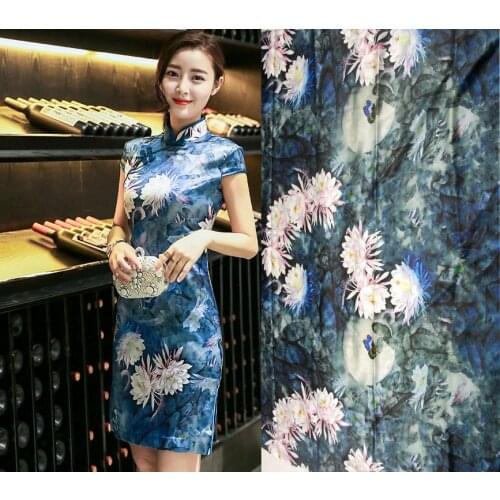 Silks High 19mm Blue 97%Mulberry Silk Fabric Stretch Satin Tissu Flowers Prints Pillow Summer Haute Couture Fabrics Wholesale