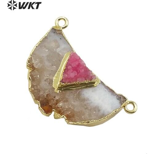 WT-P1514 Multicol Triangle Stone Pendant Yellow Stone With Druzy Quartz Charm Gold Electroplated Double Loops Pendant Jewelry