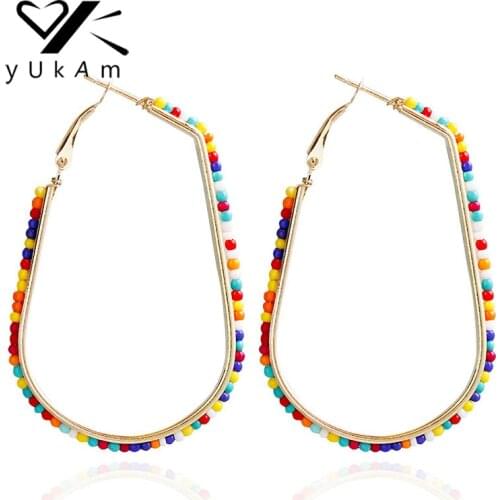 YUKAM U Shape Ethnic Bohemia Big Exaggerated Loop Earrings Circle Creole Hoop Earrings Multi Color Seed Beads Earrings for Women