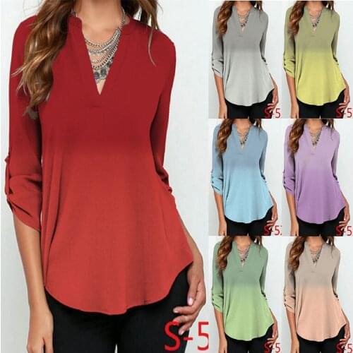 Autumn Women Chiffon Blouse 3/4 Sleeve Female V Neck Shirts Casual Gradient Print Blouses Feminina Camisas Blusas Plus Size