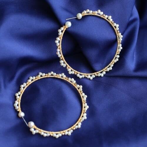 Fashion 2020 trendy women oversize large hoop earrings small natural white real pearl beaded S925 stud no allergy wedding