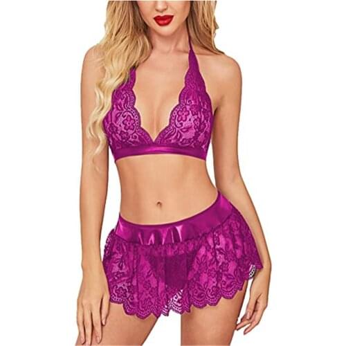 Women Lace Sexy Lingerie Set Floral Hollowed Out V-neck Backless Bra + Elastic Waist Panties