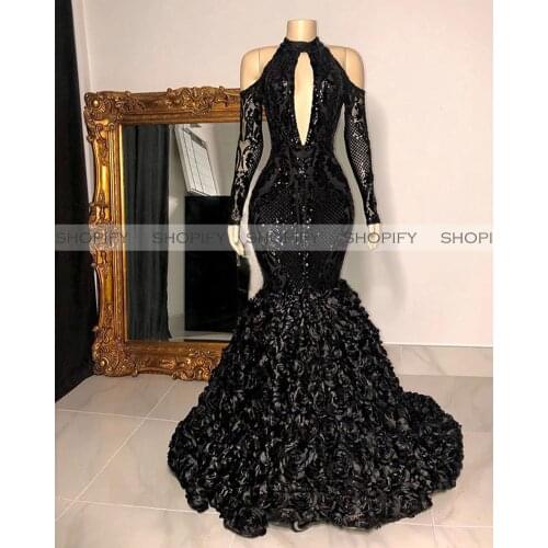 Real Picture Long Sleeve Prom Dresses 2020 High Neck Mermaid Cut Out African Women Black Girls Sequin Prom Gala Dress
