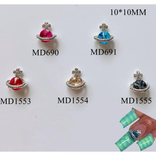 10pcs Fancy 5-Color Stone Metal Planet Design Deco Metal Charms Metal Deco Charms Nail Art
