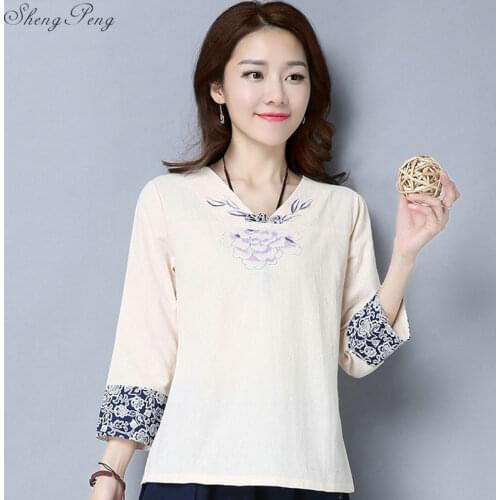 2019 vintage chinese style cotton linen shirts women o neck daily causal shirts blouse hanfu floral embroidery female lady V1810