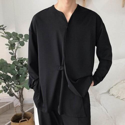 2021 Men Shirt Long Sleeve Solid Color Button Casual Irregular Tops Stand Collar Fashion Streetwear Fitness