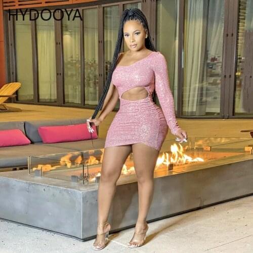 Sparkly Sequins Rhinestone Pink Birthday Dresses for Women Party Club Mini Dress Sexy Cutout Glitter Long Sleeve Bodycon Dress