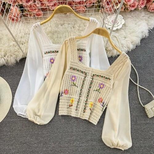 Boho Clothing Spring Chiffon Blouse Tops Women Puff Sleeve Crochet Crop Top Floral Embroidery Blusa Blusas Mujer De Moda