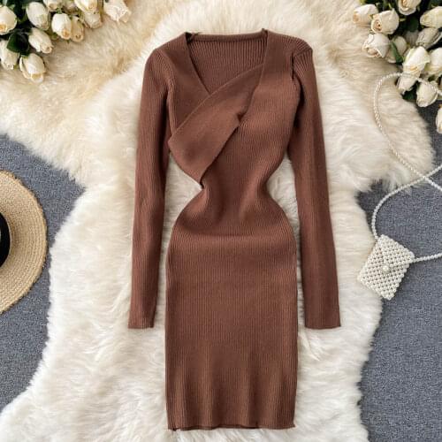 Croysier 2021 Fashion Women Asymmetric Neck Mini Dress Long Sleeve Autumn Winter Knitted Dress Night Club Sexy Bodycon Dress