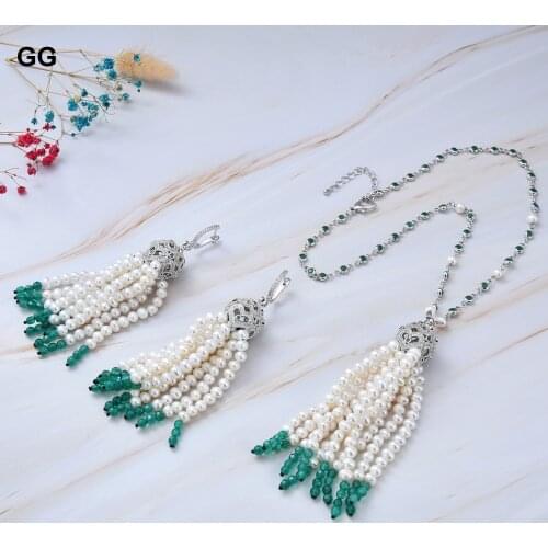 GuaiGuai Jewelry Natural White Keshi Pearl Green Agates Pendant CZ Chain Necklace Earrings Sets Cute Style For Lady Women
