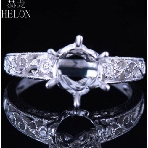 HELON Natural Diamonds Ring Solid 10K White Gold Natural Diamonds Semi Mount Engagement Wedding Ring Setting Fit Round 7.5-8mm