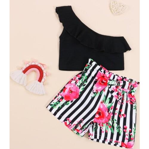 Girls Clothes Set Solid Color Sleeveless Off-shoulder Cropped Tops + Floral Print Bandage Short Pants 2 Piece Set for 2-7 Years