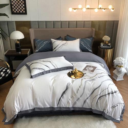 Papa&Mima Brief Marble Print Bedding Set Satin Egyptian Cotton Duvet Cover Set Print Queen King Size Linens Sheet Pillowcases