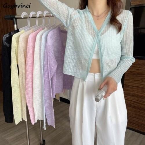 Summer V-neck Cardigans Women Multi-colors Sweet Fairy Slim Breathable Single Button Sweaters Sun Protection Knitting Crop Tops