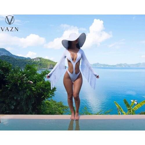 VAZN 2021 Summer Tassel Bikini Swimming Beach Sexy Soft Young Deep V-neck Women High Waist Skinny Bodysuits