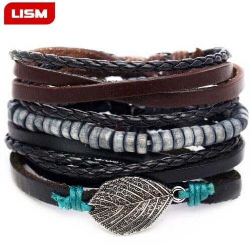 Tibet Stone Feather Multilayer Leather Bracelet Eye Fish Charms Beads Bracelet for Men Vintage Punk Wrap Wristband