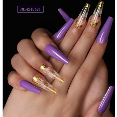 24Pcs Purple Gold Smoke Fake Nail Overhead With Glue Coffin Artificial Nails Designs Press On Nail False Nails Set Nail Art Tool